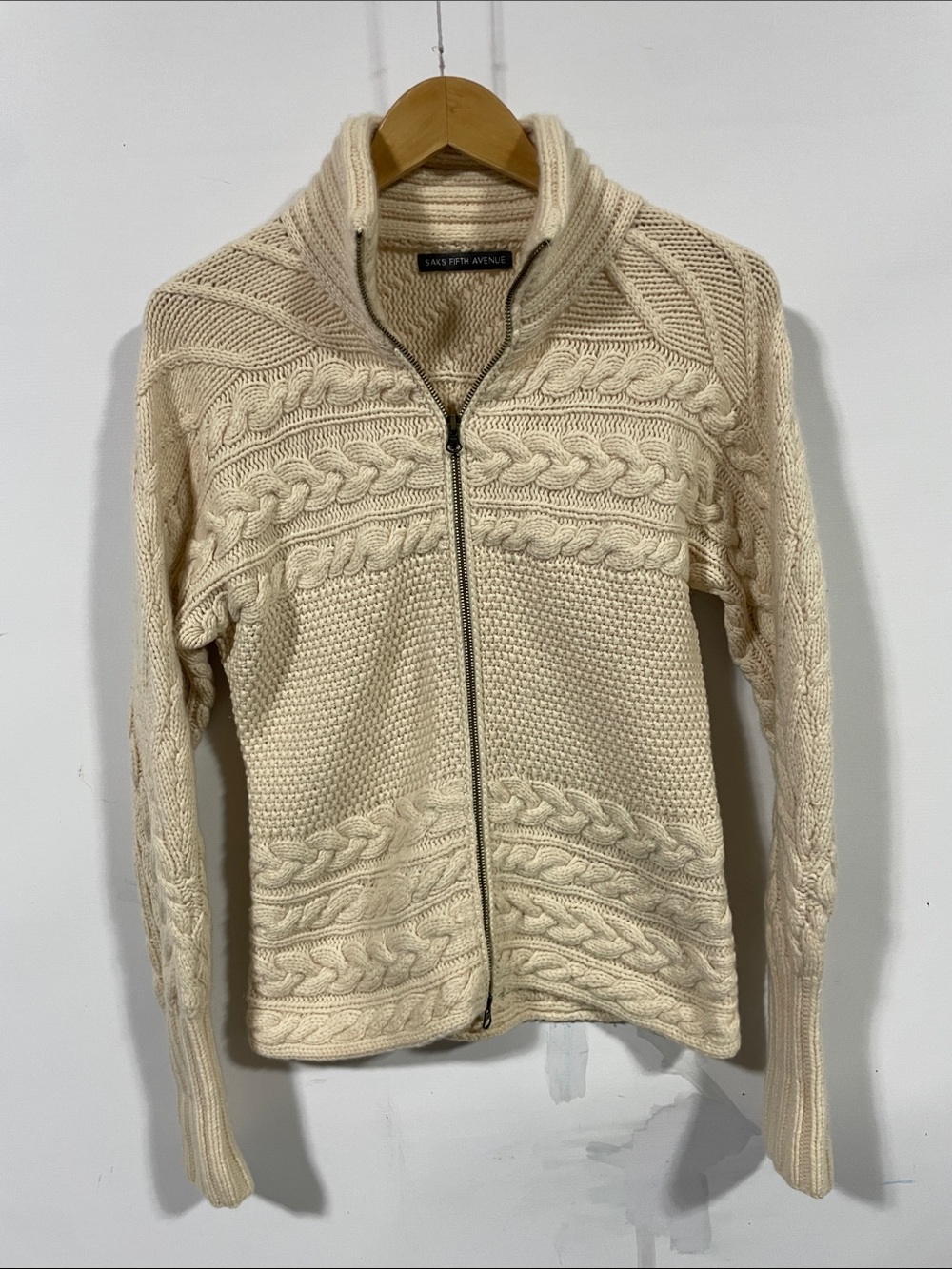 Saks Fifth Avenue 100% cashmere Cream Cable Zip Cardigan
